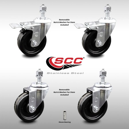 Service Caster 4 Inch SS Phenolic Swivel 1/2 Inch Threaded Stem Caster Total Lock Brake SCC, 2PK SCC-SSTSTTL20S414-PHS-121315-2-S-2